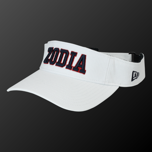 Zodia x NEW ERA white sun visor cap featuring adjustable strap and classic logo design.