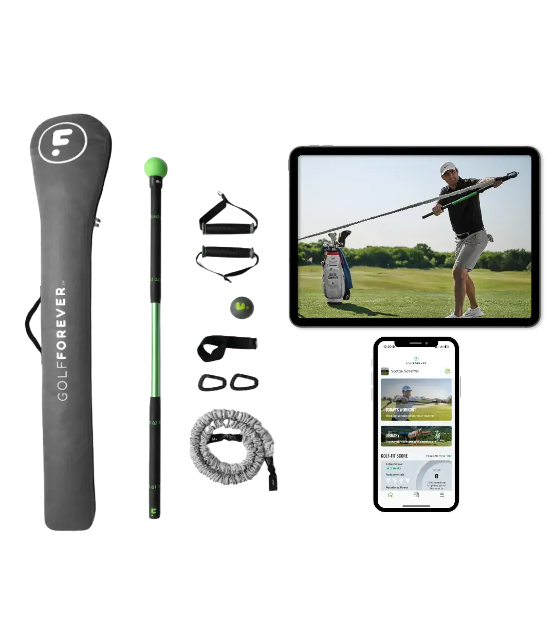 GolfForever Swing Trainer+ equipment, including training stick, app, and video tutorial for improving golf performance.