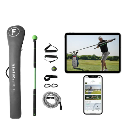 GolfForever Swing Trainer+ equipment, including training stick, app, and video tutorial for improving golf performance.