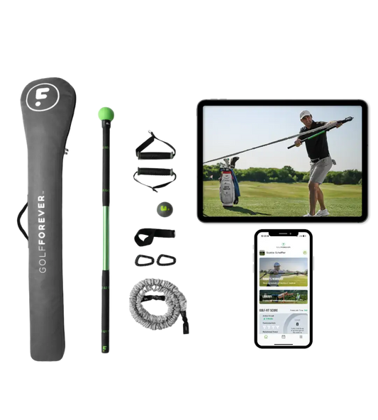 GolfForever Swing Trainer+ equipment, including training stick, app, and video tutorial for improving golf performance.
