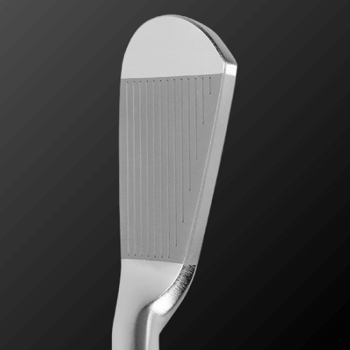 Close-up of Zodia The Origin Iron clubface, showcasing precision grooves for accurate distance and trajectory.