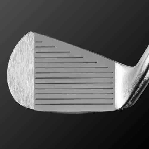 Close-up of the Zodia The Origin Iron clubface, showcasing precision grooves and sleek muscle back design.