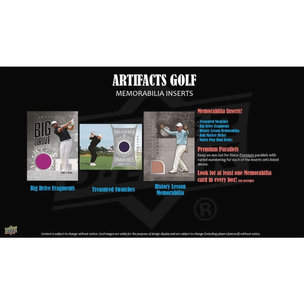 2026 Upper Deck Artifacts Golf Hobby Box (Pre Order) memorabilia inserts including Big Drive Fragments and Treasured Swatches.