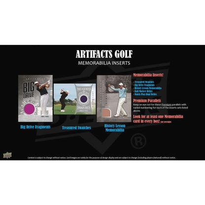 2026 Upper Deck Artifacts Golf Hobby Box (Pre Order) memorabilia inserts including Big Drive Fragments and Treasured Swatches.