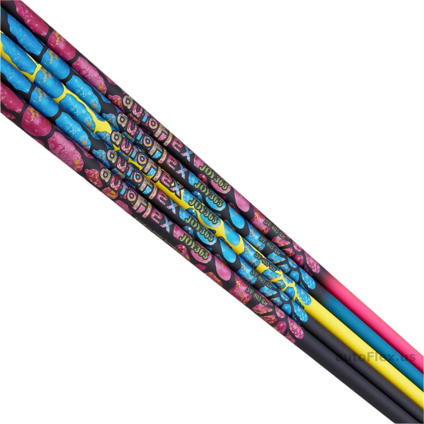 autoFlex Joy 365 Driver Shaft colorful design showcasing multiple shafts for golf clubs.
