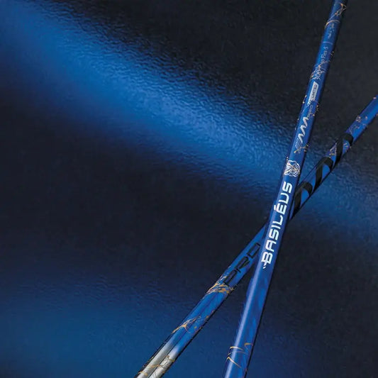 Basileus AAA PRO 2026 golf shafts with a blue design against a sleek dark background.