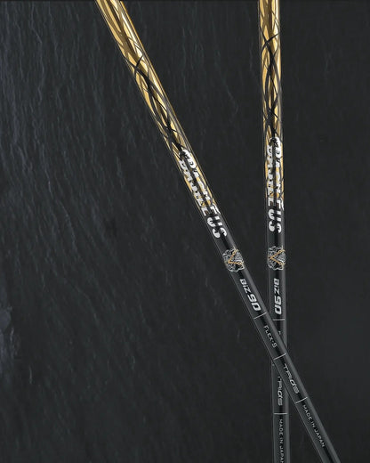 Basileus BiZ Rev.2 iron shafts in black and gold, featuring advanced carbon and boron construction for enhanced performance.