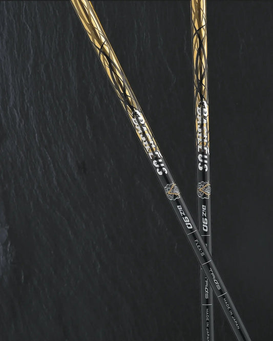 Basileus BiZ Rev.2 iron shafts in black and gold, featuring advanced carbon and boron construction for enhanced performance.