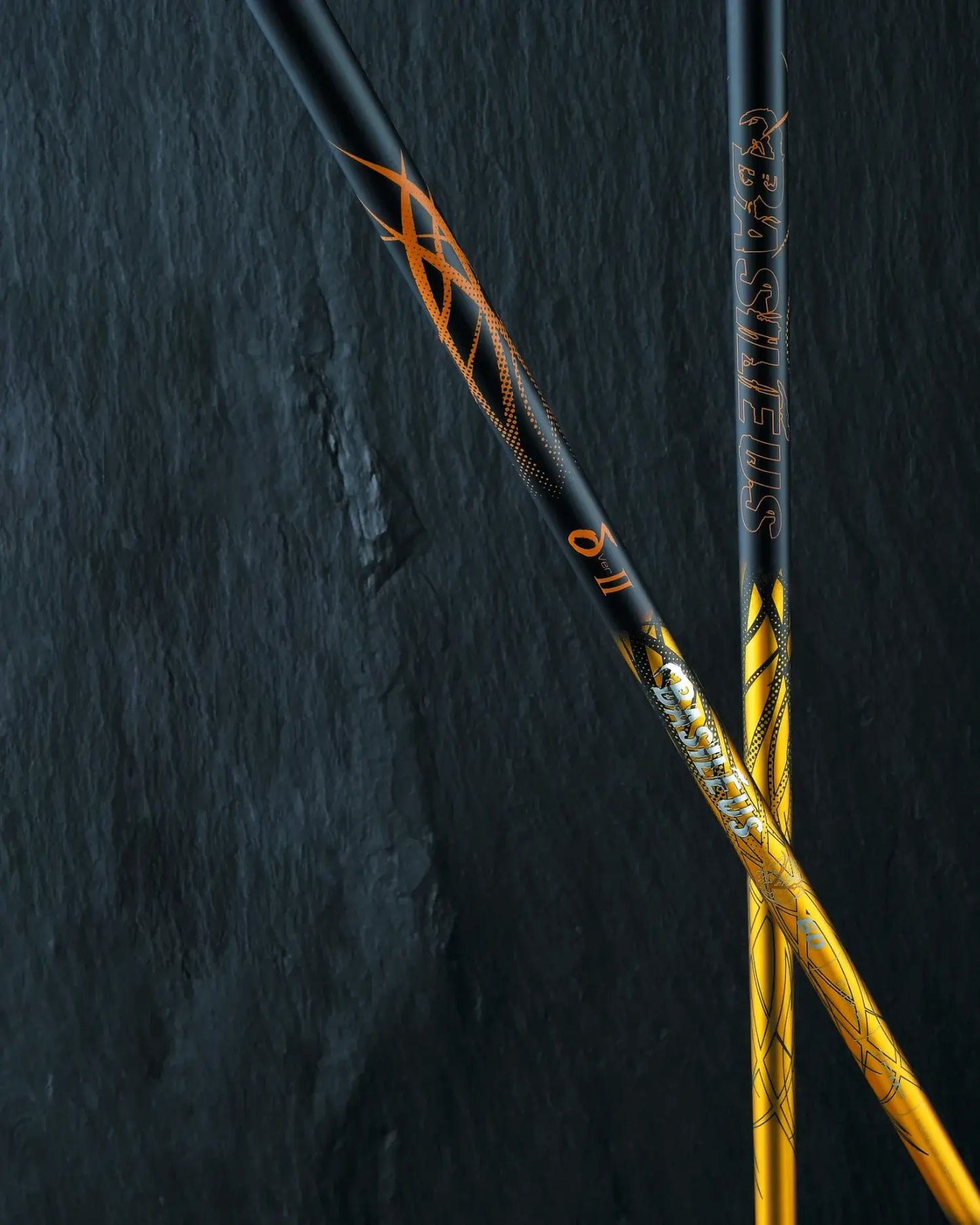 Basileus δ Delta Ⅱ Shaft showcasing a black and yellow design for enhanced golf performance.