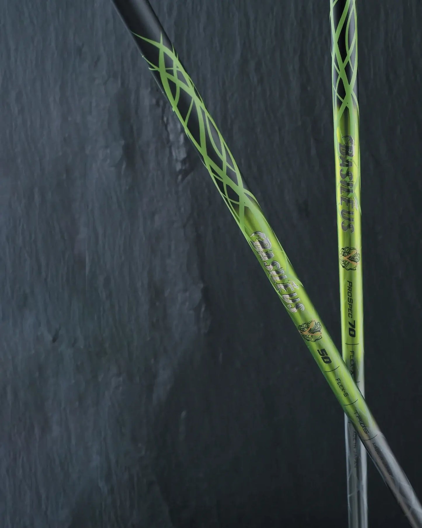 Basileus γ Gamma Shaft showcasing green and black design for optimal grip and distance in golf.