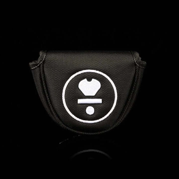 Black putter headcover with white logo on a dark background, designed for golf enthusiasts.
