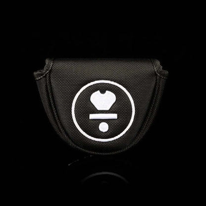 Black putter headcover with white logo on a dark background, designed for golf enthusiasts.