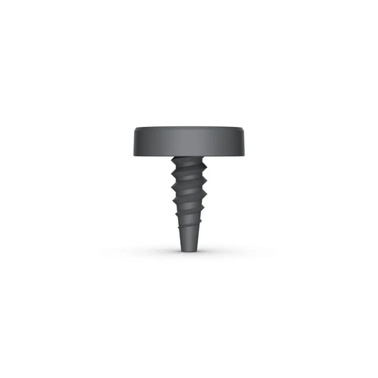 Close-up view of a gray screw with a flat head and spiral design, used for securing purposes.