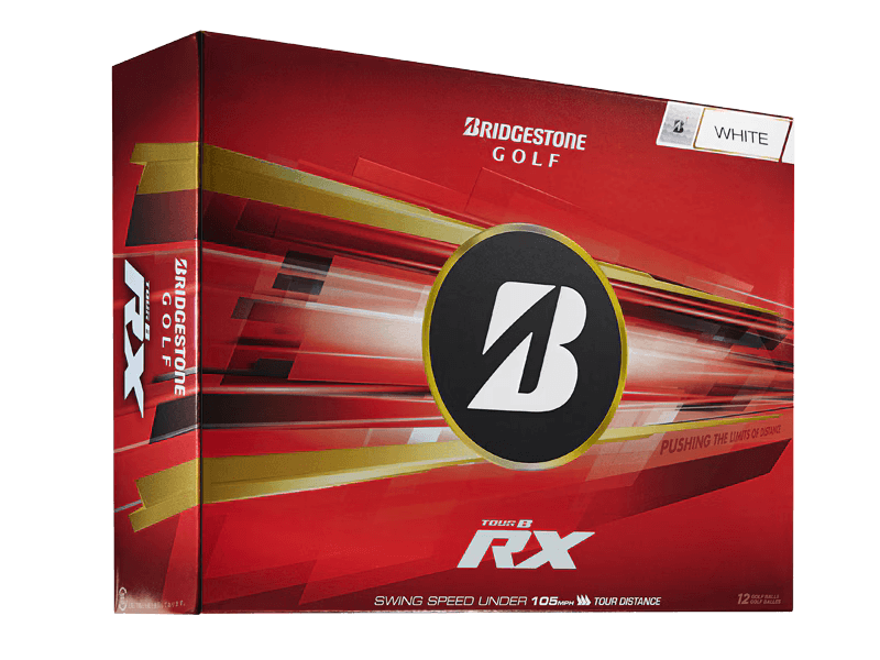 Bridgestone 2026 TOUR B RX Golf Balls (12 Pack) packaging in white with dynamic design and logo.