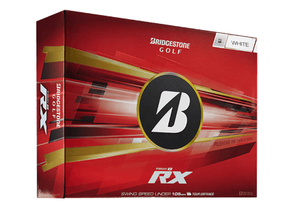 Bridgestone 2026 TOUR B RX Golf Balls (12 Pack) packaging in white with dynamic design and logo.