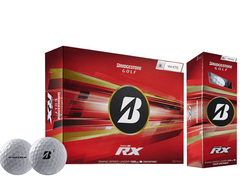 Bridgestone 2026 TOUR B RX Golf Balls (12 Pack) packaging with two golf balls displayed.