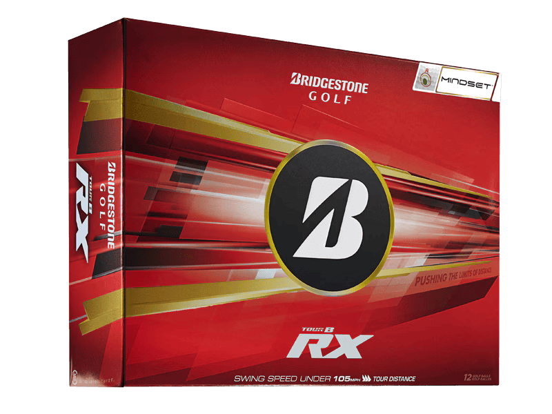 Bridgestone 2026 TOUR B RX Mindset Golf Balls (12 Pack) packaging showcasing the innovative VeloSurge core technology.