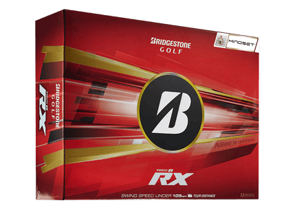 Bridgestone 2026 TOUR B RX Mindset Golf Balls (12 Pack) packaging showcasing the innovative VeloSurge core technology.