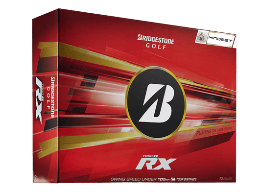 Bridgestone 2026 TOUR B RX Mindset Golf Balls (12 Pack) packaging showcasing the innovative VeloSurge core technology.