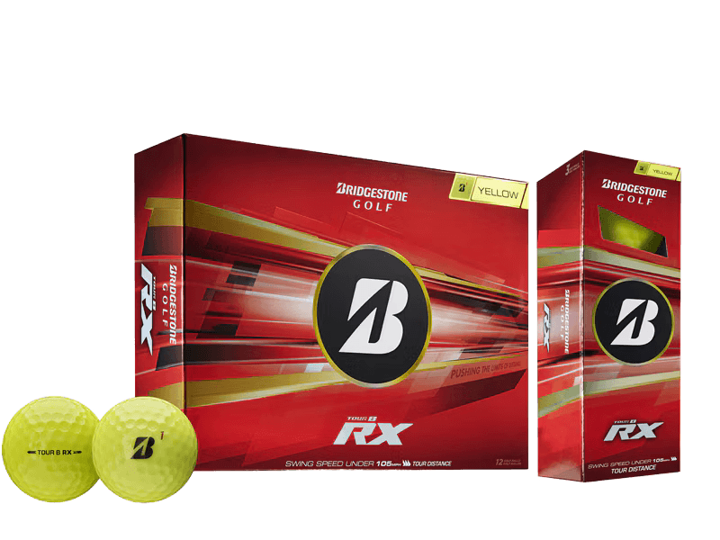 Bridgestone 2026 TOUR B RX Golf Balls (12 Pack) packaging with yellow golf balls in front.