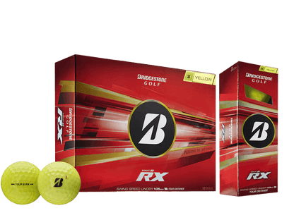 Bridgestone 2026 TOUR B RX Golf Balls (12 Pack) packaging with yellow golf balls in front.