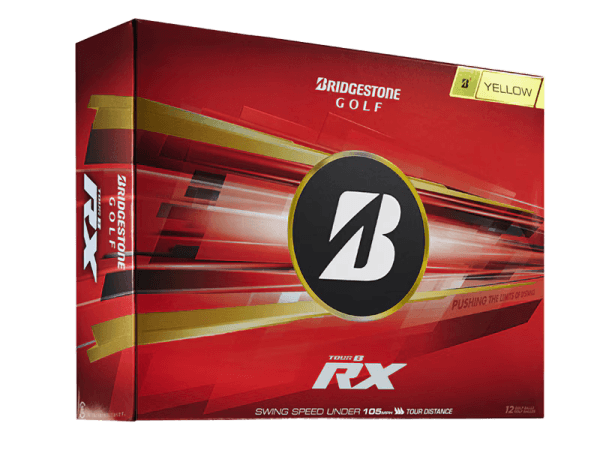 Bridgestone 2026 TOUR B RX Golf Balls (12 Pack) yellow packaging with advanced technology for unmatched distance.