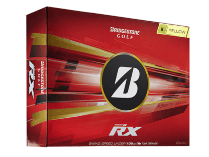 Bridgestone 2026 TOUR B RX Golf Balls (12 Pack) yellow packaging with advanced technology for unmatched distance.