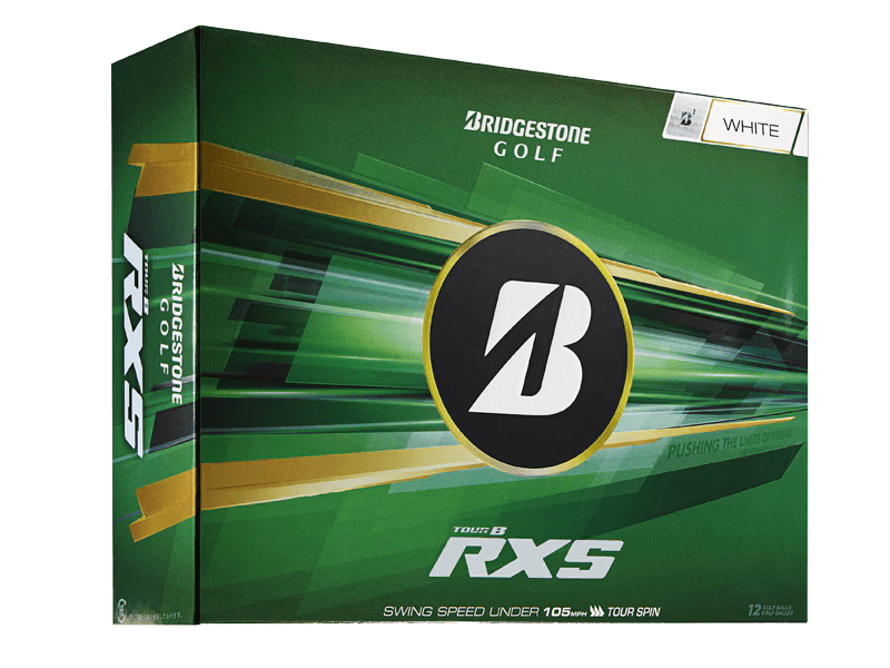 Bridgestone 2026 TOUR B RXS Golf Balls (12 Pack) packaging with logo and description.