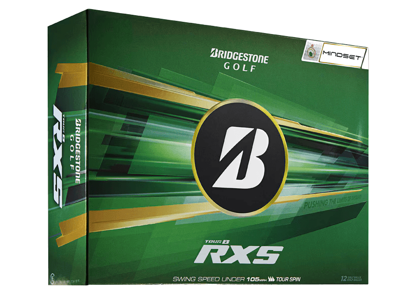 Bridgestone 2026 TOUR B RXS Mindset Golf Balls (12 Pack) packaging with green and gold design.
