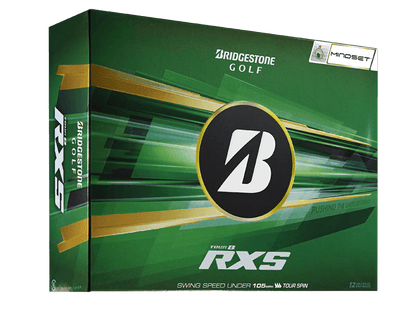 Bridgestone 2026 TOUR B RXS Mindset Golf Balls (12 Pack) packaging with green and gold design.