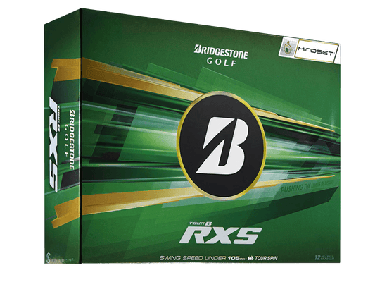 Bridgestone 2026 TOUR B RXS Mindset Golf Balls (12 Pack) packaging with green and gold design.