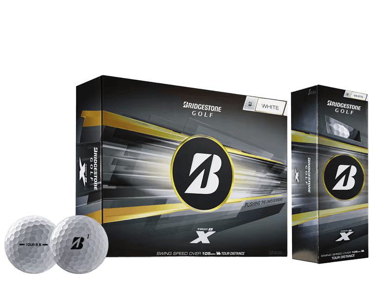 Bridgestone 2026 TOUR B X Golf Balls (12 Pack) packaging with two golf balls displayed.