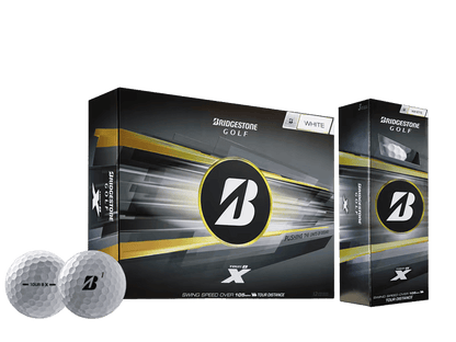 Bridgestone 2026 TOUR B X Golf Balls (12 Pack) packaging with two golf balls displayed.