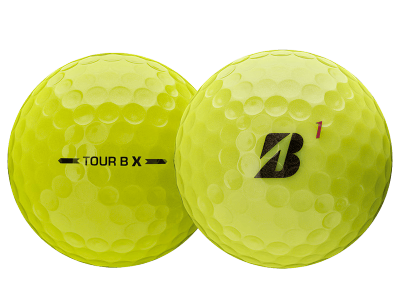 Bridgestone 2026 TOUR B X Golf Balls (12 Pack) in vibrant yellow color with unique markings.