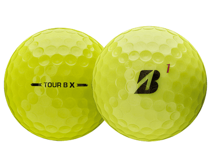 Bridgestone 2026 TOUR B X Golf Balls (12 Pack) in vibrant yellow color with unique markings.