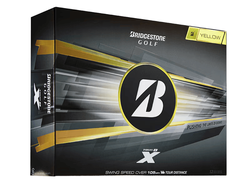Bridgestone 2026 TOUR B X Golf Balls (12 Pack) yellow box showcasing advanced distance technology.