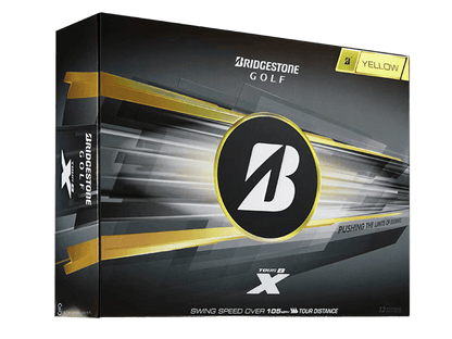 Bridgestone 2026 TOUR B X Golf Balls (12 Pack) yellow box showcasing advanced distance technology.