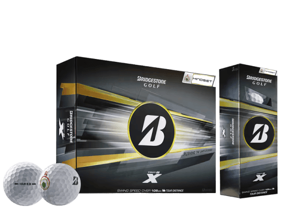Bridgestone 2026 TOUR B X Mindset Golf Balls (12 Pack) packaging and balls displayed together.