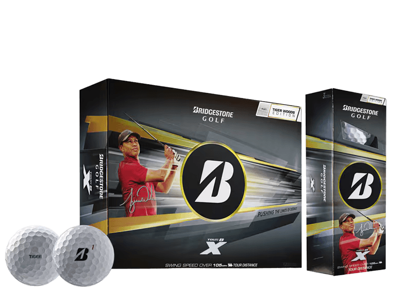 Bridgestone 2026 TOUR B X Tiger Woods Edition Golf Balls (12 Pack) package with balls, designed for tour-level performance.
