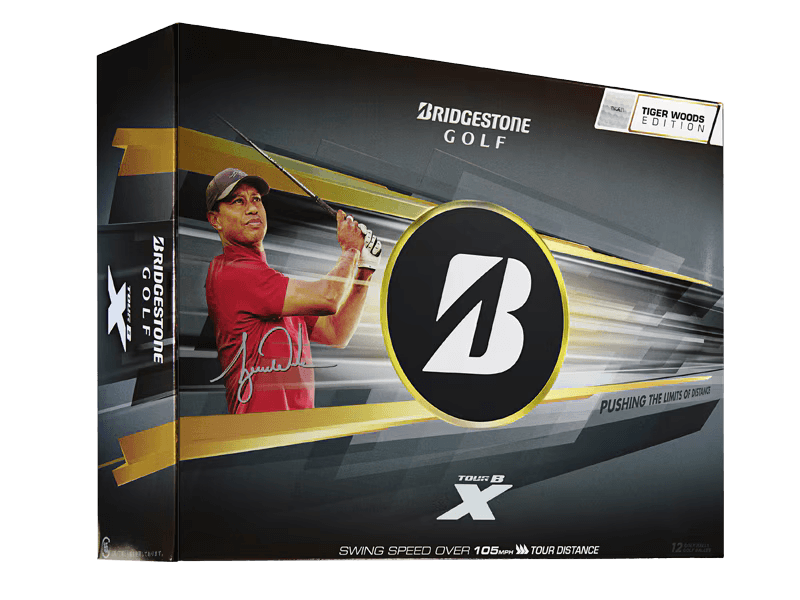 Bridgestone 2026 TOUR B X Tiger Woods Edition Golf Balls (12 Pack) box featuring Tiger Woods and unique design.