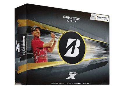 Bridgestone 2026 TOUR B X Tiger Woods Edition Golf Balls (12 Pack) box featuring Tiger Woods and unique design.