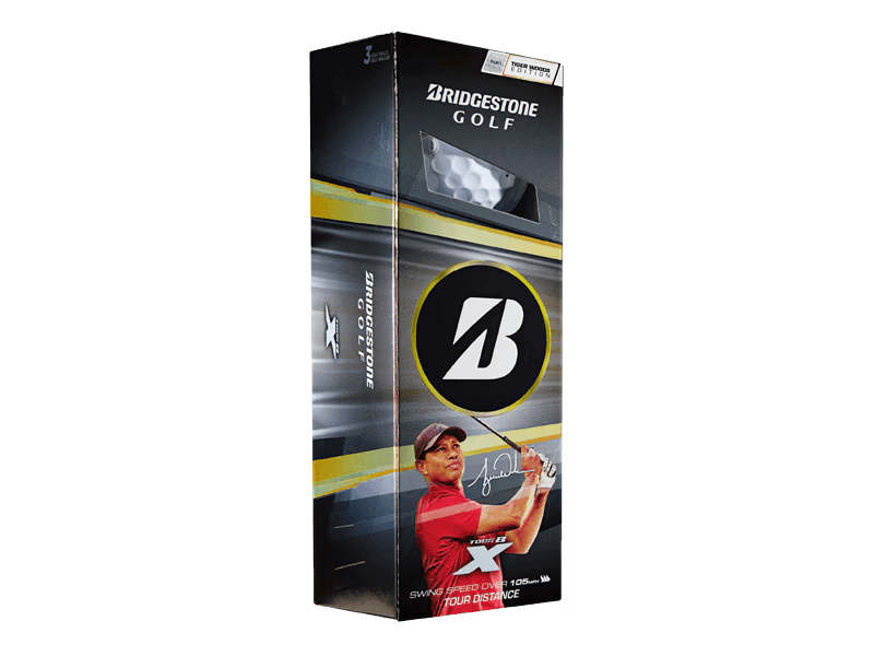 Bridgestone 2026 TOUR B X Tiger Woods Edition Golf Balls (12 Pack) box featuring Tiger Woods' image and logo.