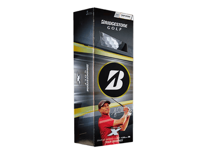 Bridgestone 2026 TOUR B X Tiger Woods Edition Golf Balls (12 Pack) box featuring Tiger Woods' image and logo.