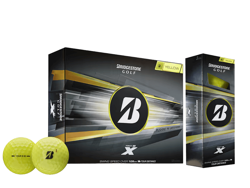 Bridgestone 2026 TOUR B X Golf Balls (12 Pack) with yellow packaging and two golf balls on display.