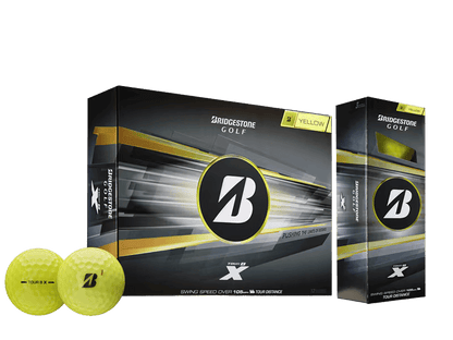 Bridgestone 2026 TOUR B X Golf Balls (12 Pack) with yellow packaging and two golf balls on display.
