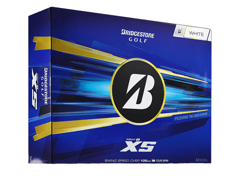 Bridgestone 2026 TOUR B XS Golf Balls (12 Pack) in vibrant blue and white packaging, highlighting advanced distance technology.