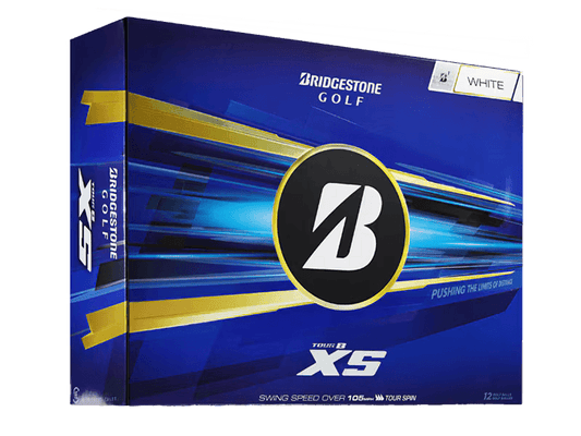Bridgestone 2026 TOUR B XS Golf Balls (12 Pack) in vibrant blue and white packaging, highlighting advanced distance technology.