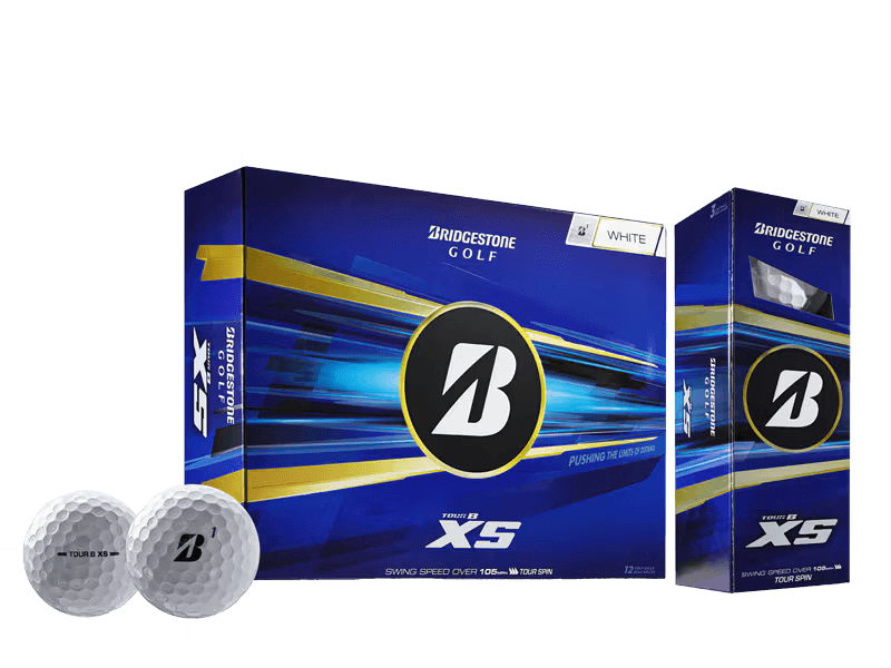 Bridgestone 2026 TOUR B XS Golf Balls (12 Pack) with packaging and golf balls displayed.
