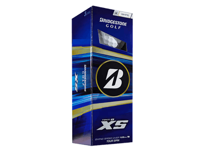 Bridgestone 2026 TOUR B XS Golf Balls (12 Pack) packaging showcasing sleek design and technology for enhanced performance.