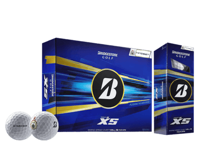 Bridgestone 2026 TOUR B XS Mindset Golf Balls (12 Pack) with packaging and golf balls displayed.